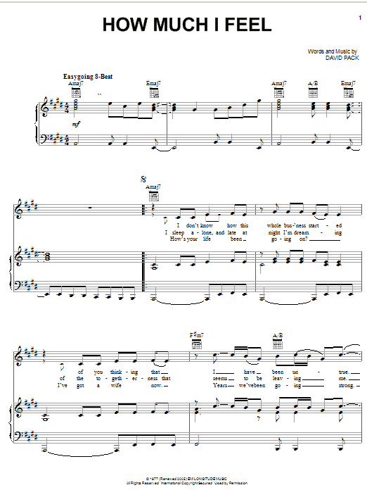 Preview Ambrosia How Much I Feel Rock sheet music, notes and chords for Piano, Vocal & Guitar (Right-Hand Melody), SKU: 19364 How Much I Feel sheet music
