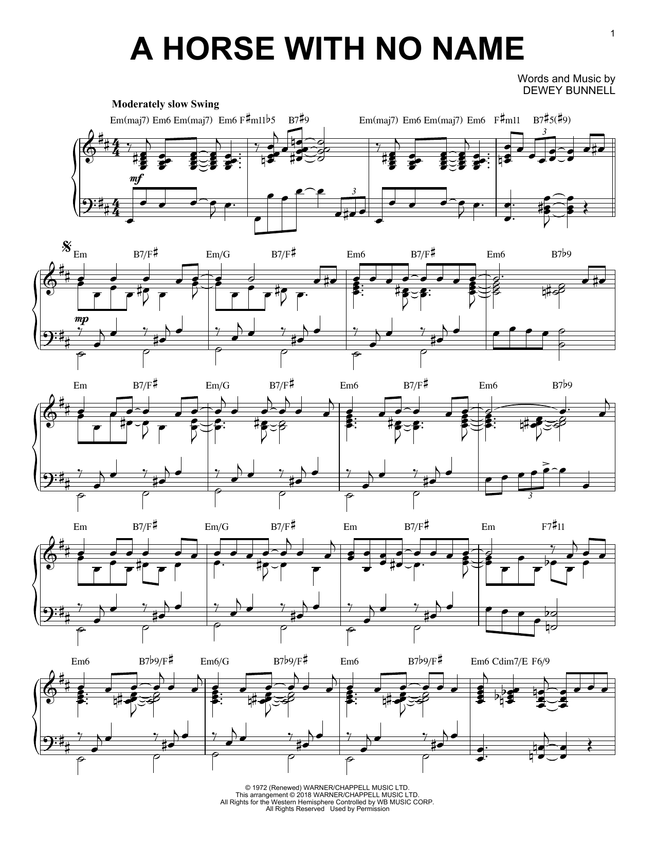 America A Horse With No Name [Jazz version] Sheet Music Notes & Chords for Piano - Download or Print PDF