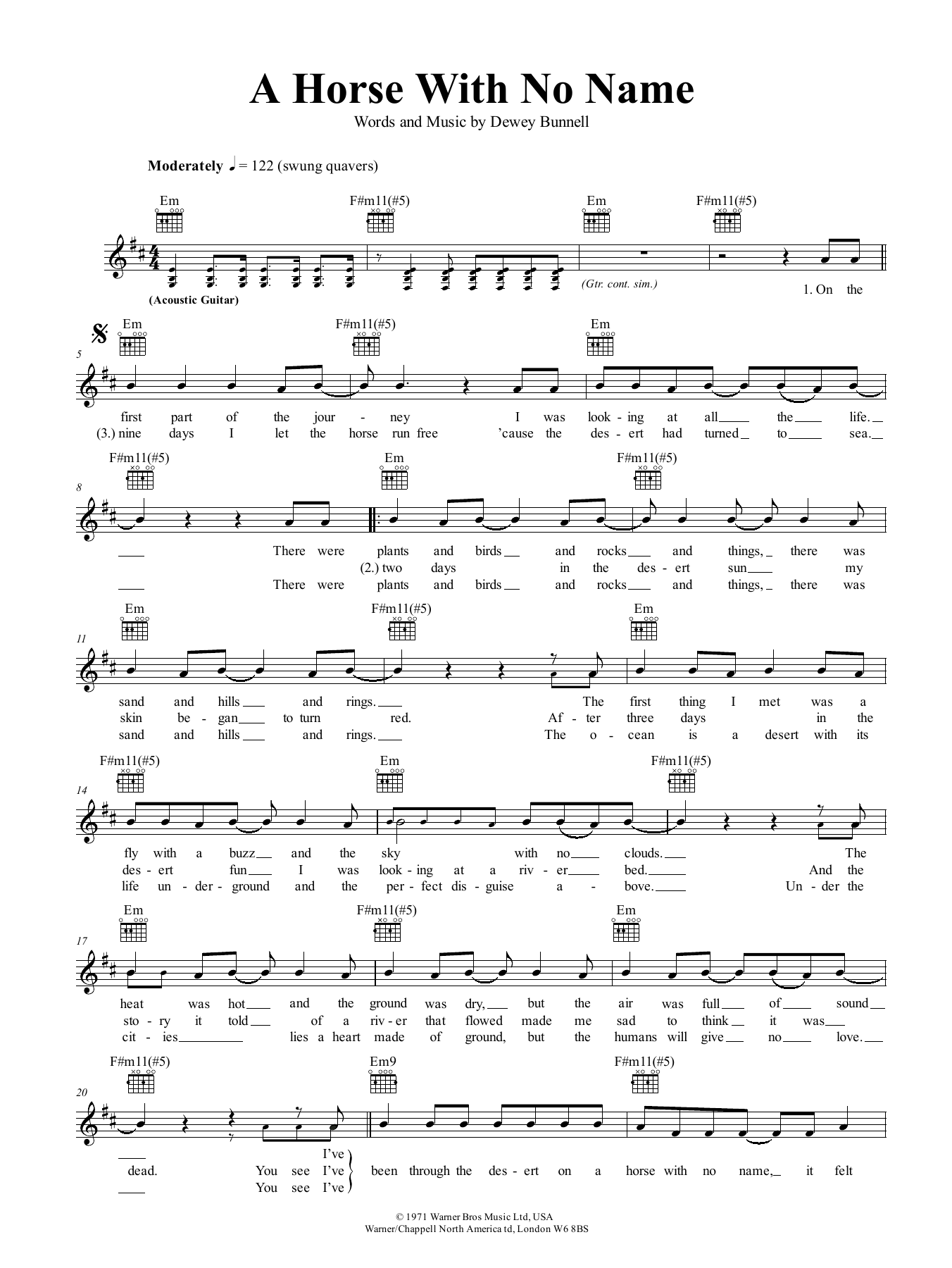 America A Horse With No Name Sheet Music Notes & Chords for Piano, Vocal & Guitar (Right-Hand Melody) - Download or Print PDF