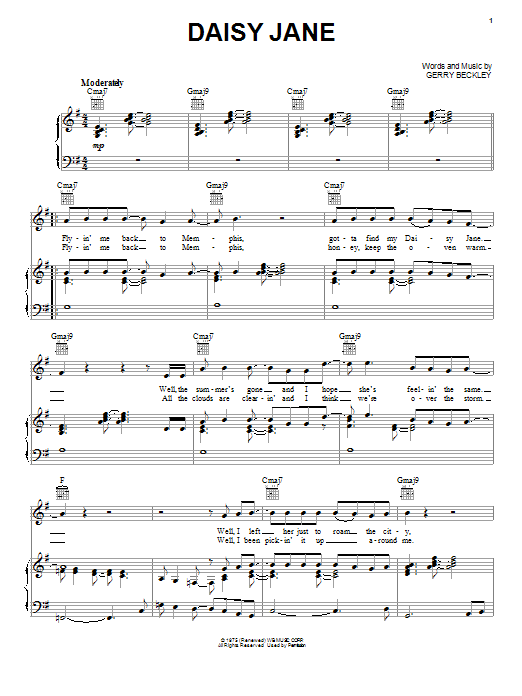 America Daisy Jane Sheet Music Notes & Chords for Piano, Vocal & Guitar (Right-Hand Melody) - Download or Print PDF