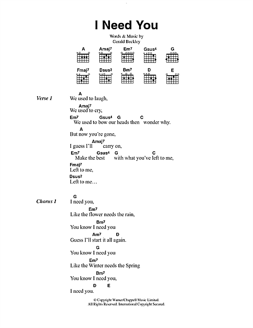 Preview America I Need You Pop sheet music, notes and chords for Lyrics & Chords, SKU: 49860 I Need You sheet music