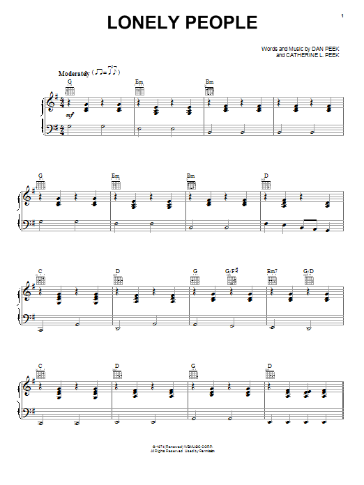 America Lonely People Sheet Music Notes & Chords for Piano, Vocal & Guitar (Right-Hand Melody) - Download or Print PDF