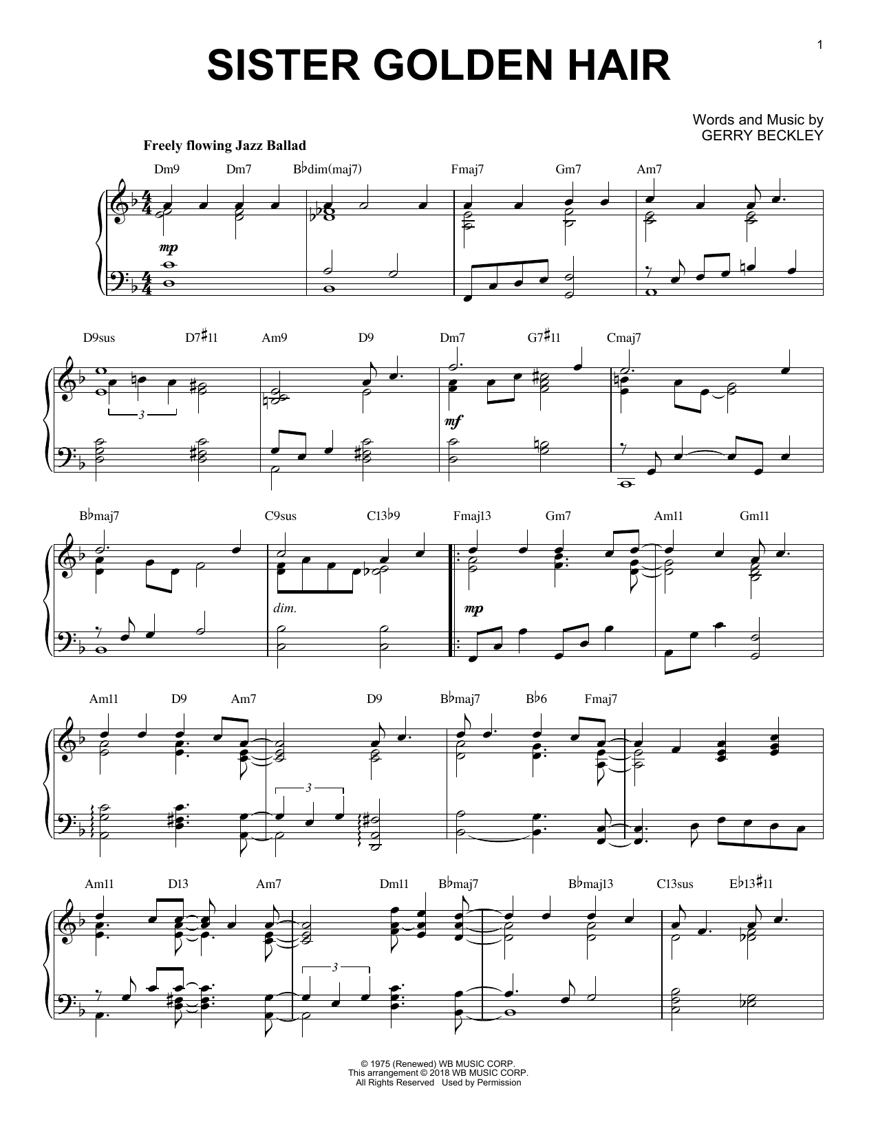 America Sister Golden Hair [Jazz version] Sheet Music Notes & Chords for Piano - Download or Print PDF