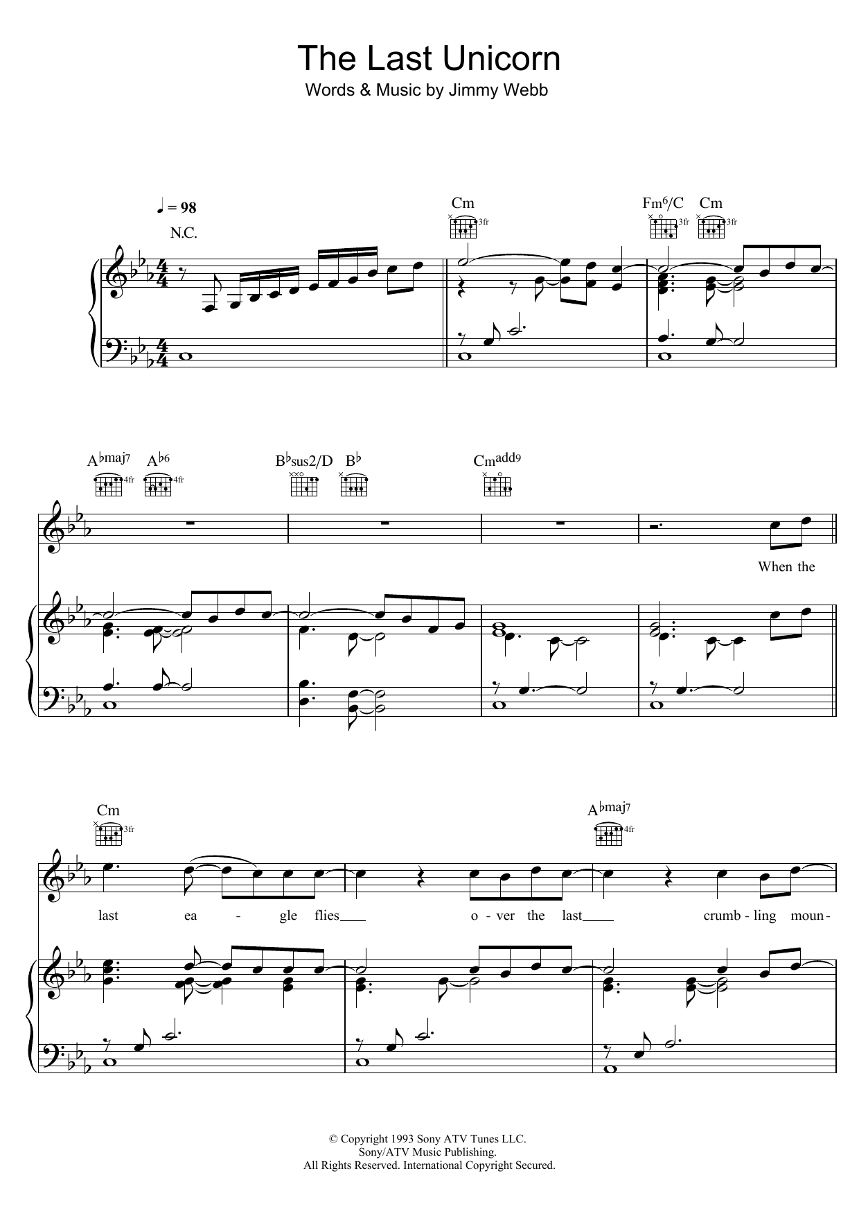 America The Last Unicorn Sheet Music Notes & Chords for Piano, Vocal & Guitar (Right-Hand Melody) - Download or Print PDF