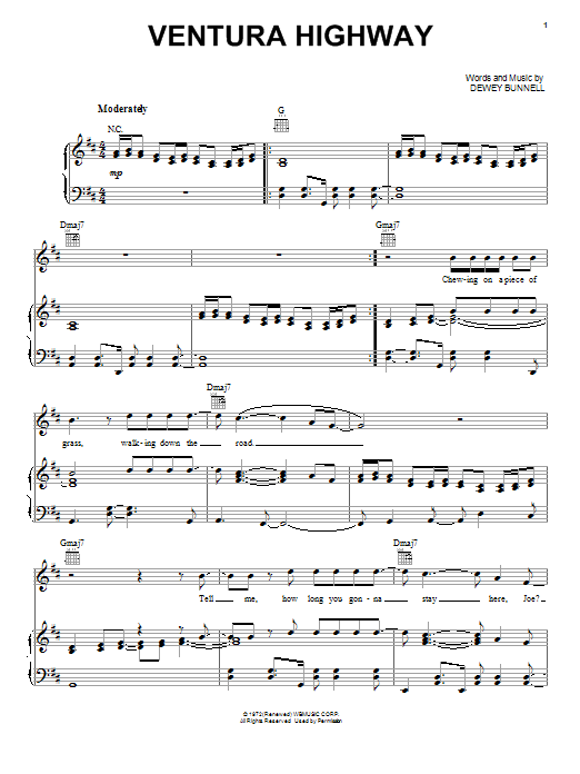 America Ventura Highway Sheet Music Notes & Chords for Piano, Vocal & Guitar (Right-Hand Melody) - Download or Print PDF