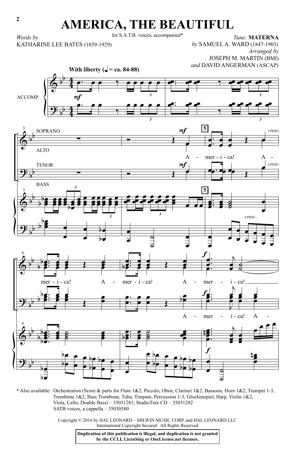 Preview David Angerman America, The Beautiful - Festival Edition American sheet music, notes and chords for SATB, SKU: 177032 America, The Beautiful - Festival Edition sheet music