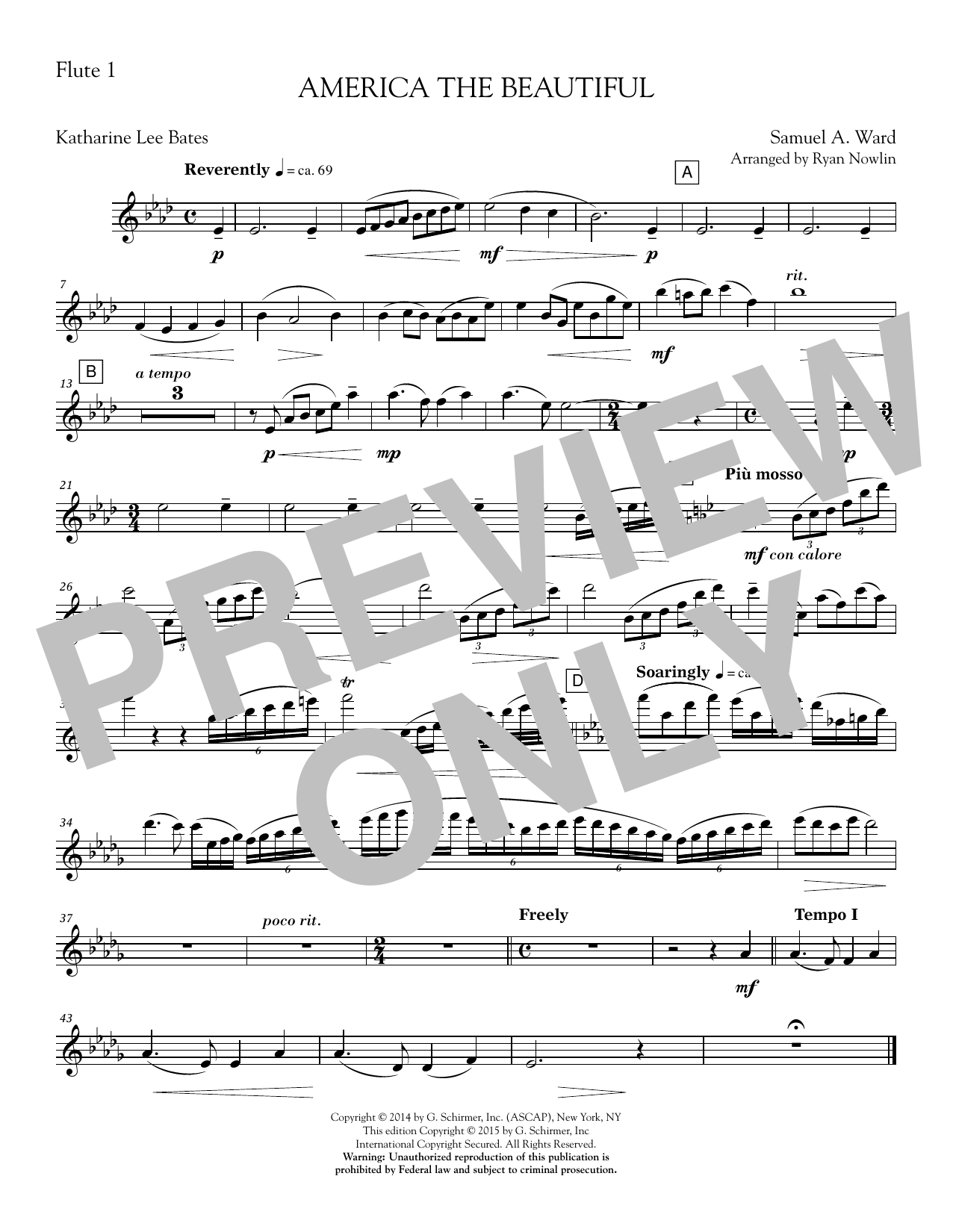 Ryan Nowlin America The Beautiful Flute 1 Sheet Music Download Pdf Score 341100
