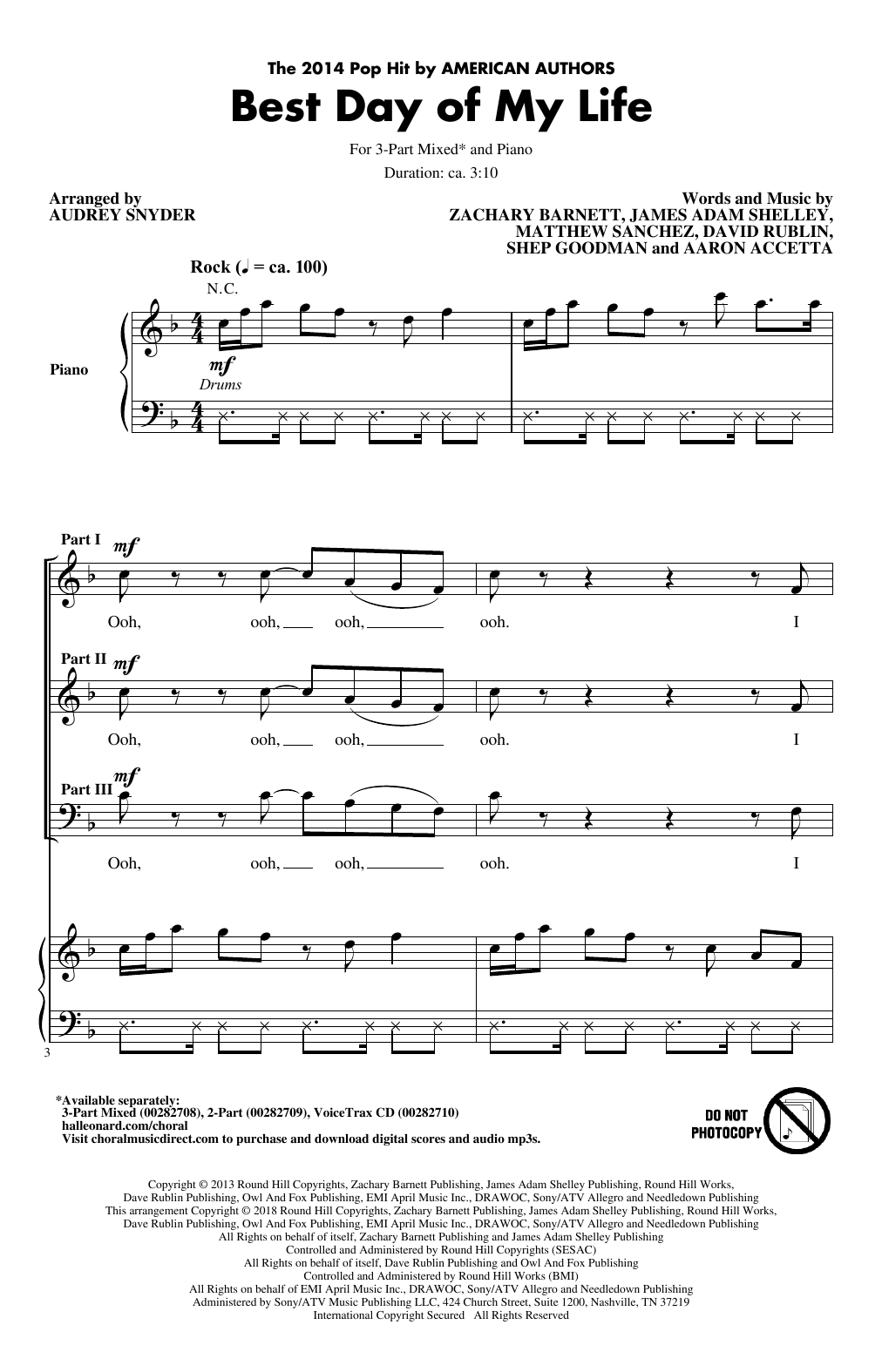 American Authors Best Day Of My Life (arr. Audrey Snyder) Sheet Music Notes & Chords for Choral - Download or Print PDF