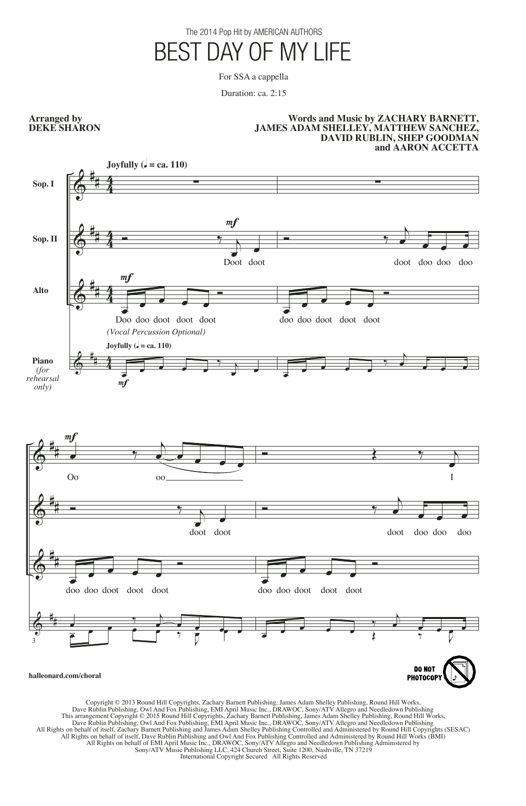 American Authors Best Day Of My Life (arr. Deke Sharon) Sheet Music Notes & Chords for SSA - Download or Print PDF