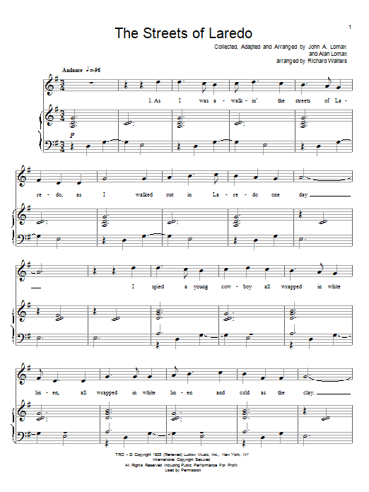 American Cowboy Song The Streets Of Laredo Sheet Music Notes & Chords for Piano, Vocal & Guitar (Right-Hand Melody) - Download or Print PDF