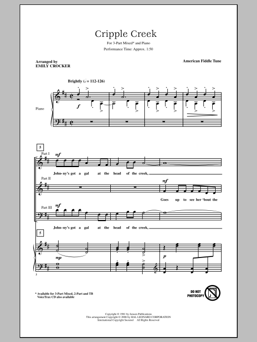 American Fiddle Tune Cripple Creek (arr. Emily Crocker) Sheet Music Notes & Chords for 3-Part Mixed - Download or Print PDF