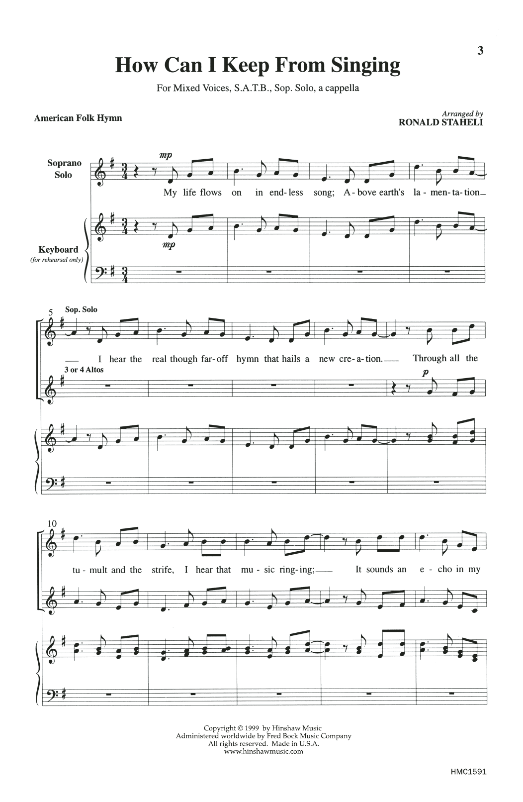 American Folk Hymn How Can I Keep From Singing (arr. Ronald Staheli) Sheet Music Notes & Chords for SATB Choir - Download or Print PDF