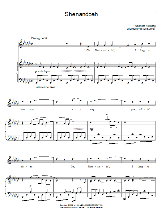 American Folk Song Shenandoah Sheet Music Notes & Chords for Piano, Vocal & Guitar (Right-Hand Melody) - Download or Print PDF