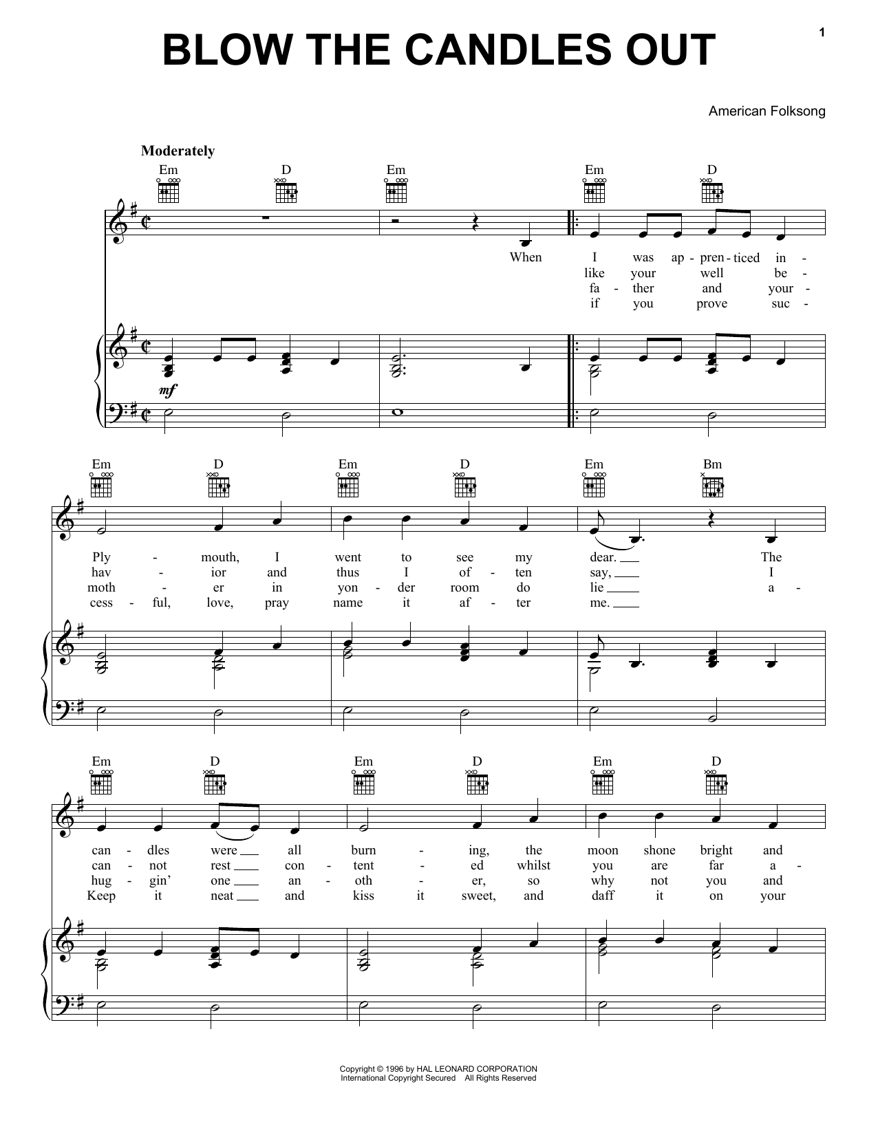 American Folksong Blow The Candles Out Sheet Music Notes & Chords for Piano, Vocal & Guitar (Right-Hand Melody) - Download or Print PDF