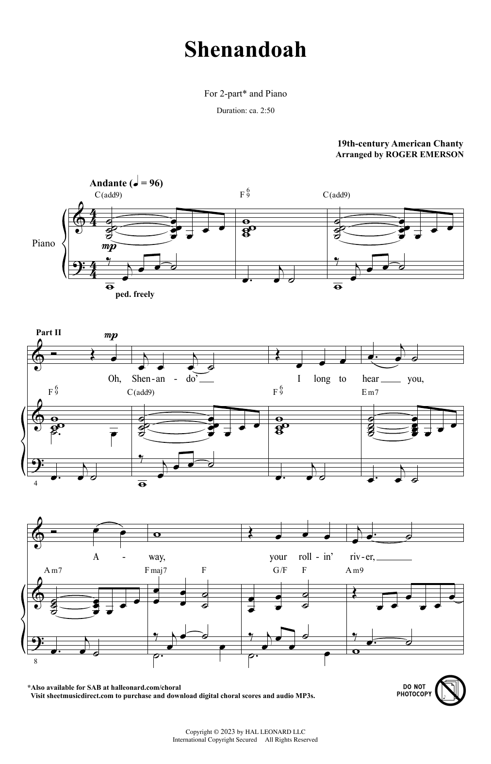 American Folksong Shenandoah (arr. Roger Emerson) Sheet Music Notes & Chords for 2-Part Choir - Download or Print PDF