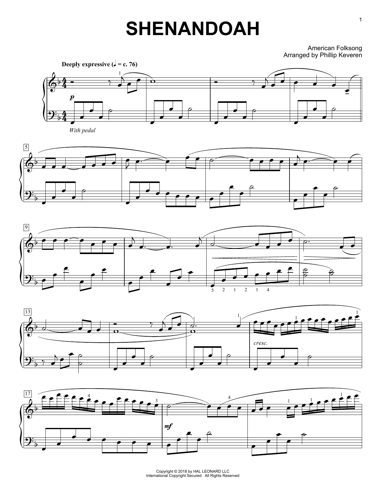 American Folksong Shenandoah [Classical version] (arr. Phillip Keveren) Sheet Music Notes & Chords for Piano - Download or Print PDF