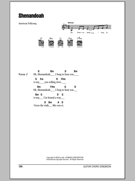 American Folksong Shenandoah Sheet Music Notes & Chords for Lyrics & Chords - Download or Print PDF