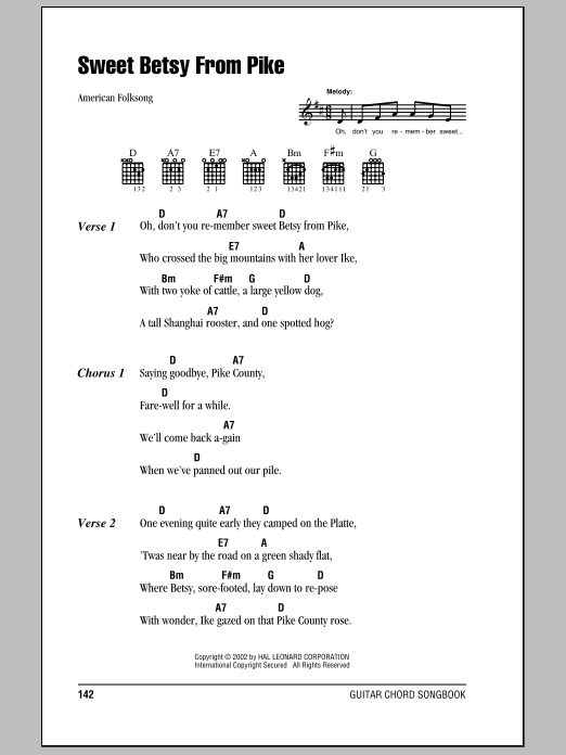 American Folksong Sweet Betsy From Pike Sheet Music Notes & Chords for Melody Line, Lyrics & Chords - Download or Print PDF