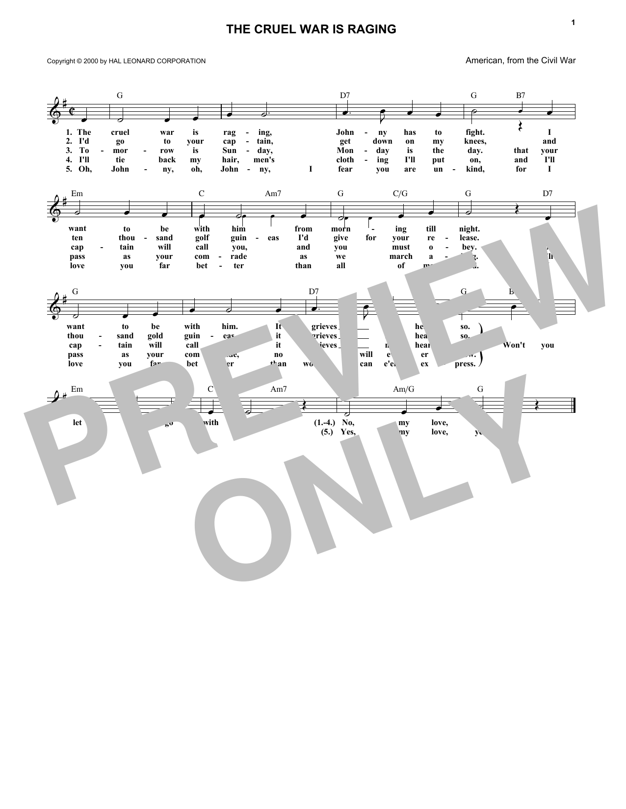 American Folksong The Cruel War Is Raging Sheet Music Notes & Chords for Melody Line, Lyrics & Chords - Download or Print PDF