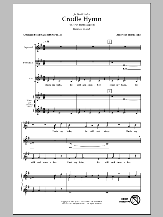 American Hymn Tune Cradle Hymn (arr. Susan Brumfield) Sheet Music Notes & Chords for 3-Part Treble - Download or Print PDF