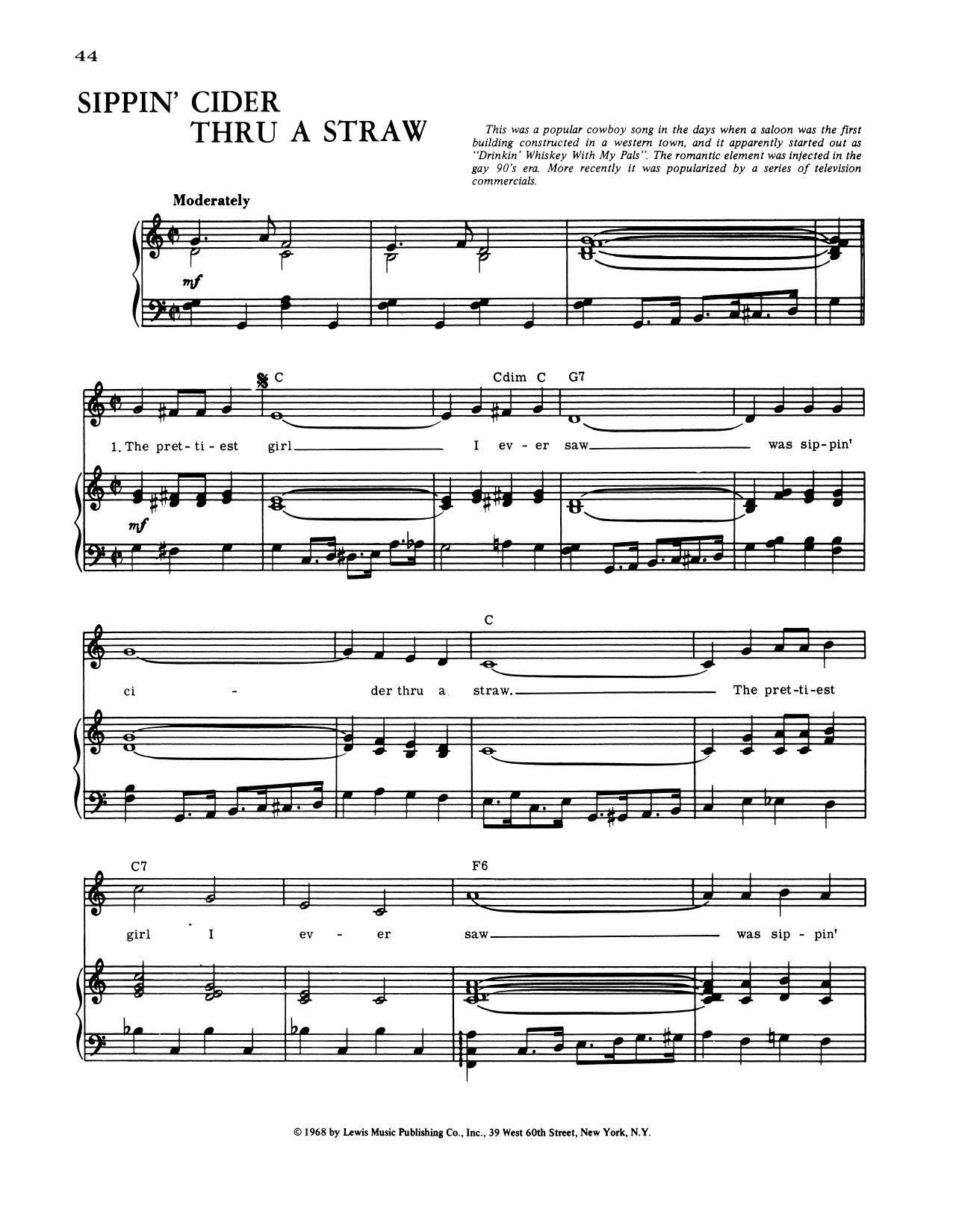 American Popular Song Cider Through A Straw Sheet Music Notes & Chords for Piano, Vocal & Guitar Chords (Right-Hand Melody) - Download or Print PDF
