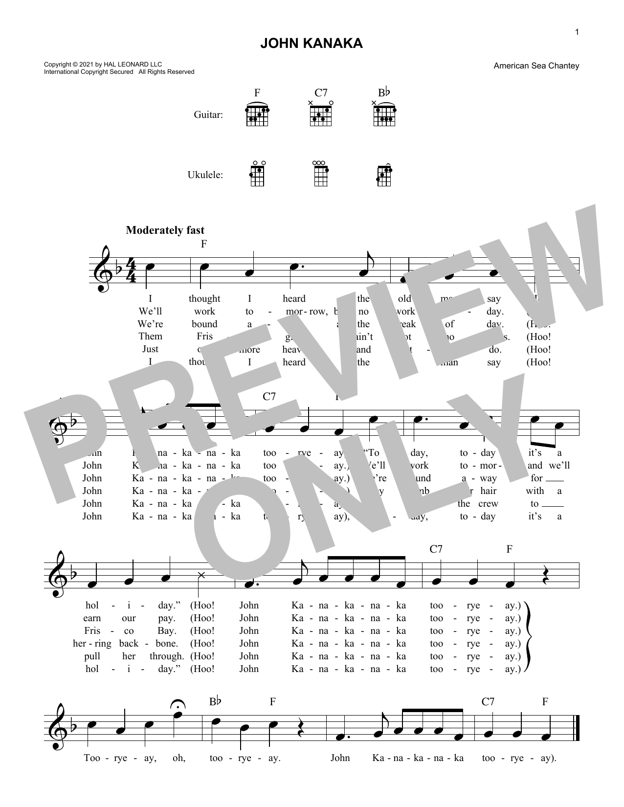 American Sea Chantey John Kanaka Sheet Music Notes & Chords for Lead Sheet / Fake Book - Download or Print PDF