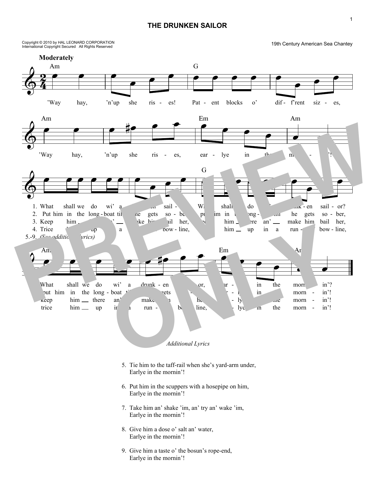 American Sea Chantey The Drunken Sailor Sheet Music Notes & Chords for Piano, Vocal & Guitar (Right-Hand Melody) - Download or Print PDF