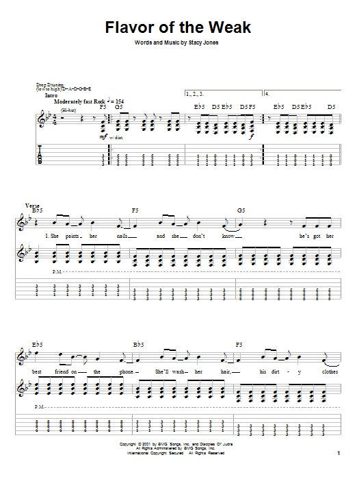 Preview American Hi-Fi Flavor Of The Weak Pop sheet music, notes and chords for Guitar Tab, SKU: 23702 sheet music, piano notes, chords, guitar tabs, score, transpose, transcribe, how to play, guide, download, learn, tutorial, progression, song, artist, awards, billboard, mtv, vh1, tour, single, album, release