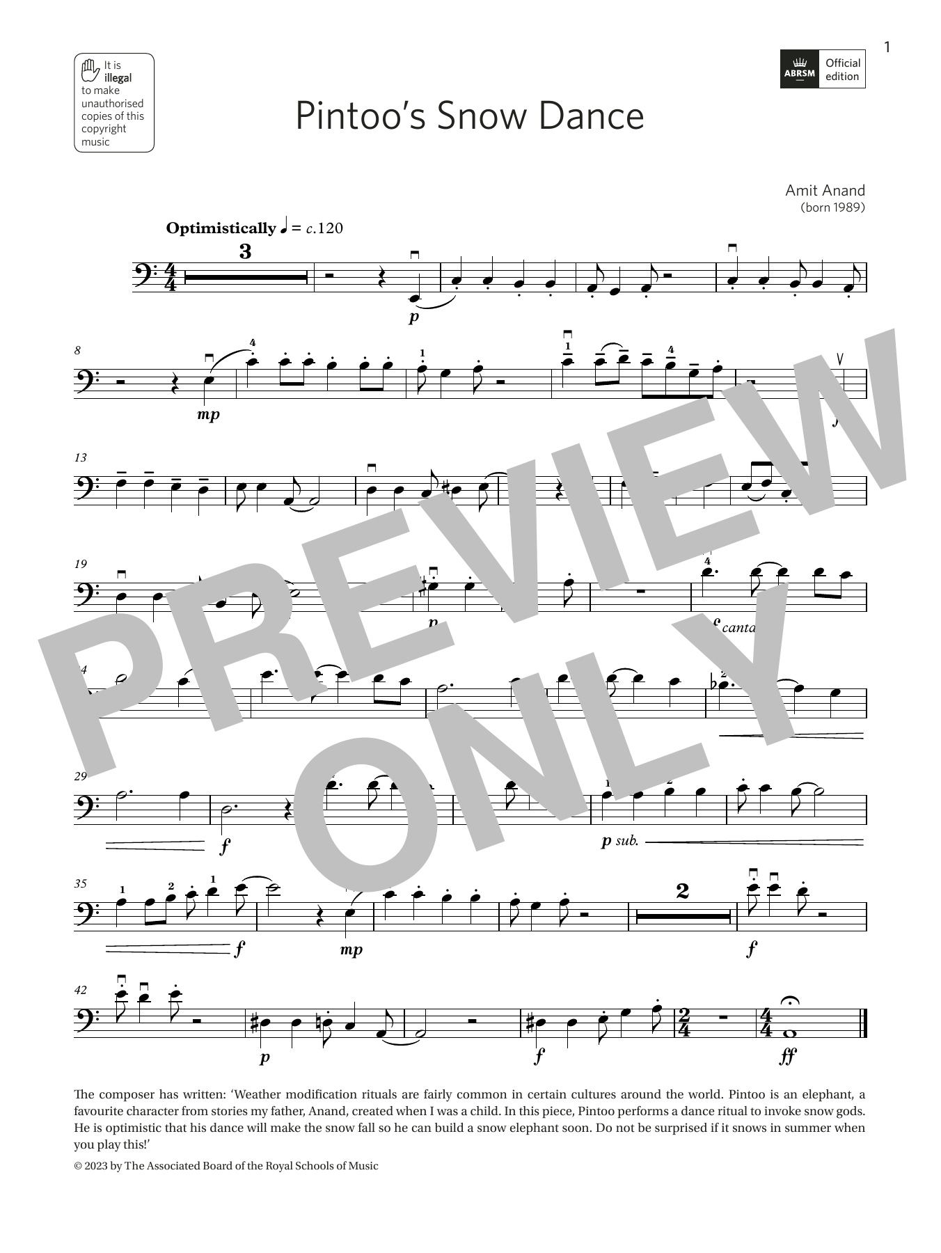 Amit Anand Pintoo's Snow Dance (Grade 4, C11, from the ABRSM Double Bass Syllabus from 2024) Sheet Music Notes & Chords for String Bass Solo - Download or Print PDF