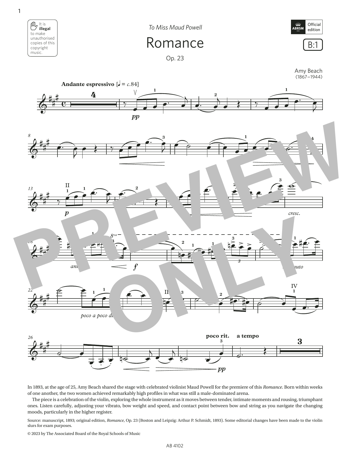 Amy Beach Romance (Grade 8, B1, from the ABRSM Violin Syllabus from 2024) Sheet Music Notes & Chords for Violin Solo - Download or Print PDF
