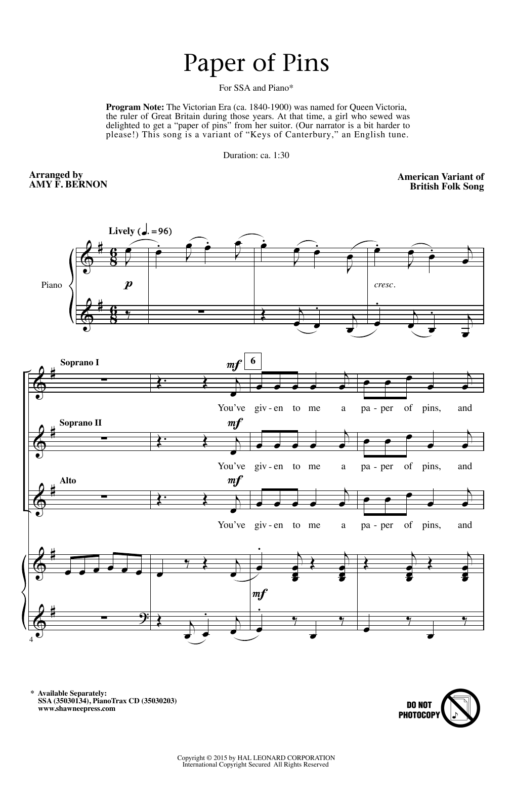 Amy Bernon A Paper Of Pins Sheet Music Notes & Chords for SSA - Download or Print PDF Amy Bernon A Paper Of Pins Sheet Music Notes & Chords for SSA - Download or Print PDF