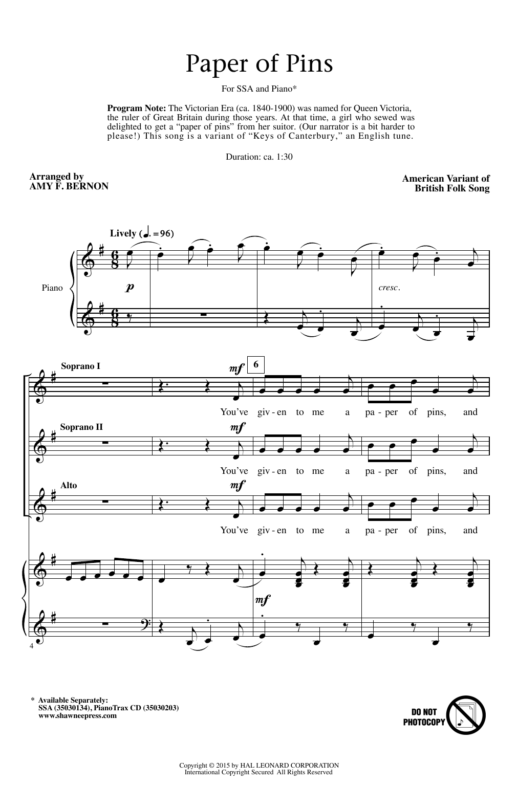 Amy Bernon A Paper Of Pins Sheet Music Notes & Chords for SSA - Download or Print PDF