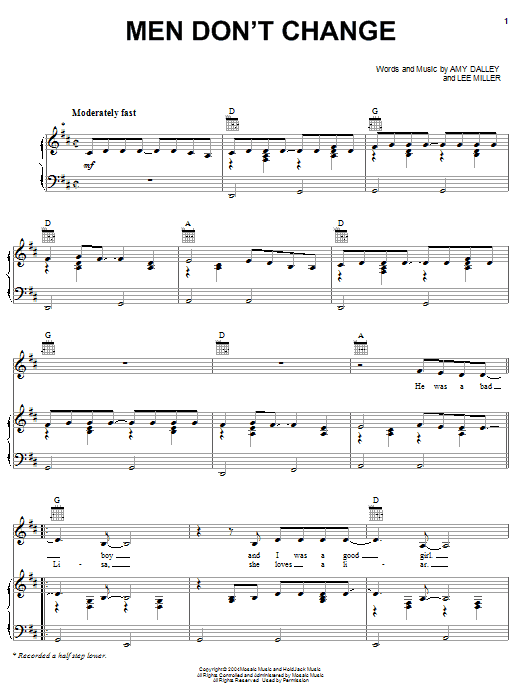 Amy Dalley Men Don't Change Sheet Music Notes & Chords for Piano, Vocal & Guitar (Right-Hand Melody) - Download or Print PDF