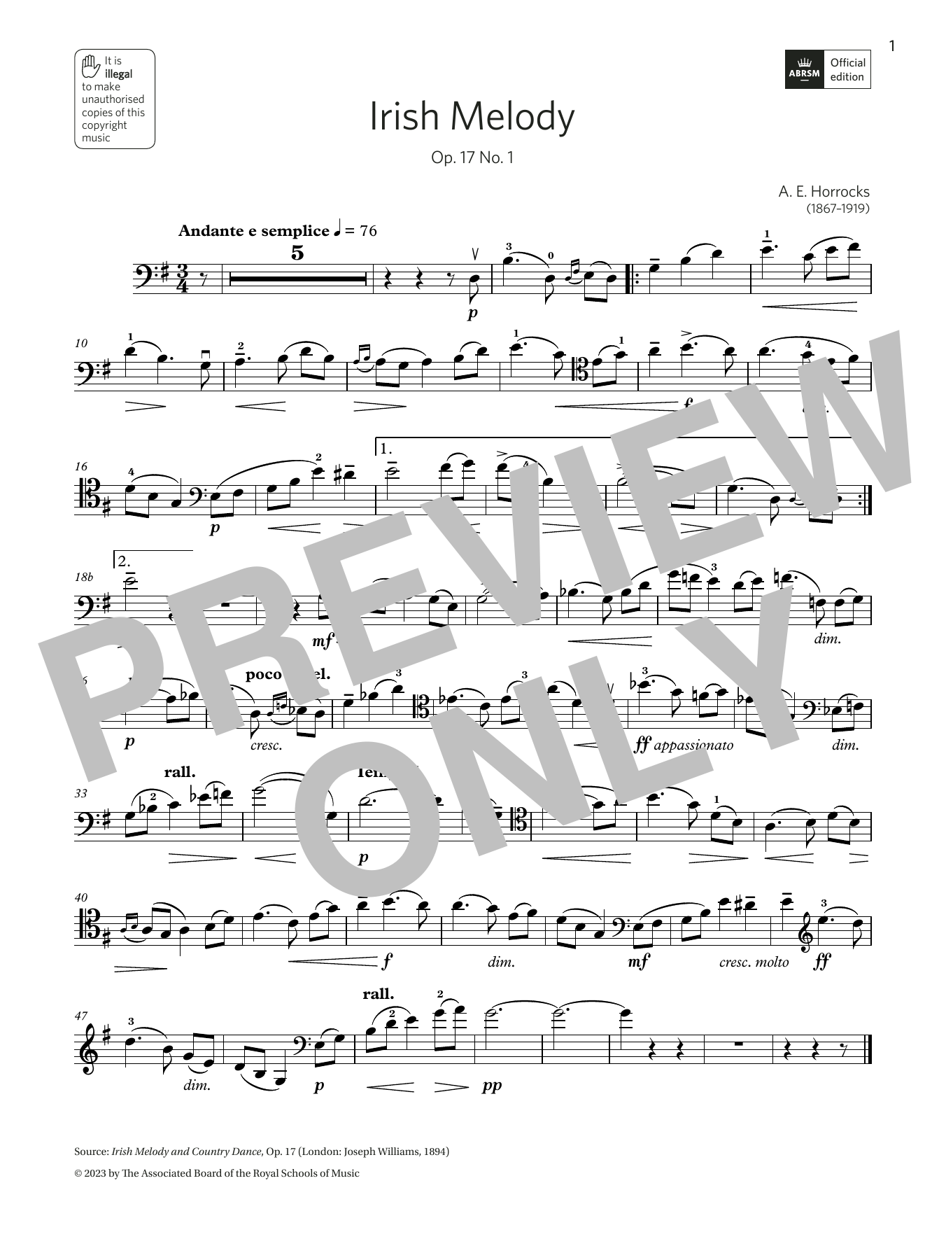Amy Elsie Horrocks Irish Melody (Grade 6, B13, from the ABRSM Cello Syllabus from 2024) Sheet Music Notes & Chords for Cello Solo - Download or Print PDF