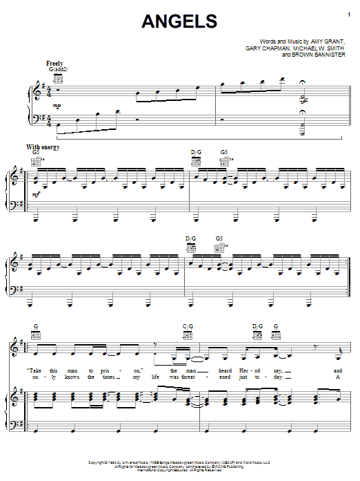 Amy Grant Angels Sheet Music Notes & Chords for Piano, Vocal & Guitar (Right-Hand Melody) - Download or Print PDF