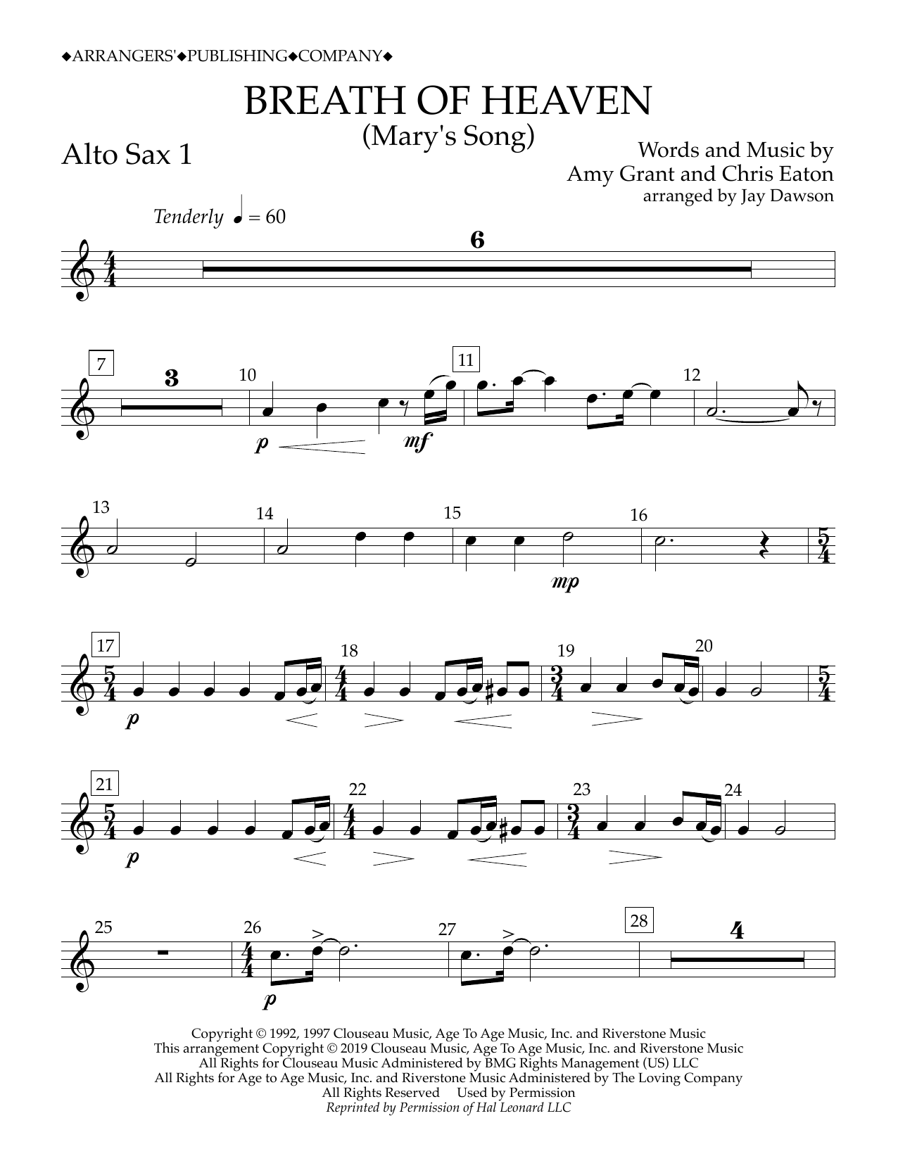 Amy Grant Breath of Heaven (Mary's Song) (arr. Jay Dawson) - Alto Sax 1 Sheet Music Notes & Chords for Concert Band - Download or Print PDF