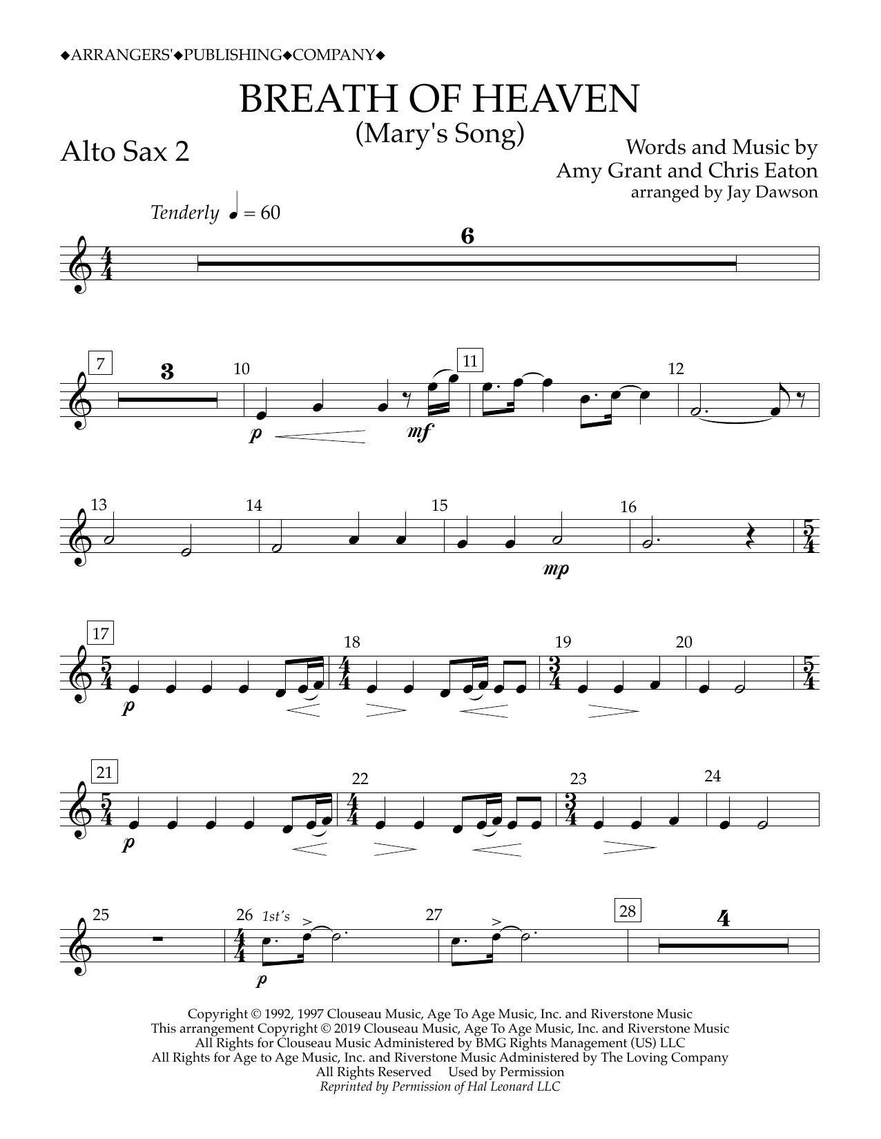 Amy Grant Breath of Heaven (Mary's Song) (arr. Jay Dawson) - Alto Sax 2 Sheet Music Notes & Chords for Concert Band - Download or Print PDF