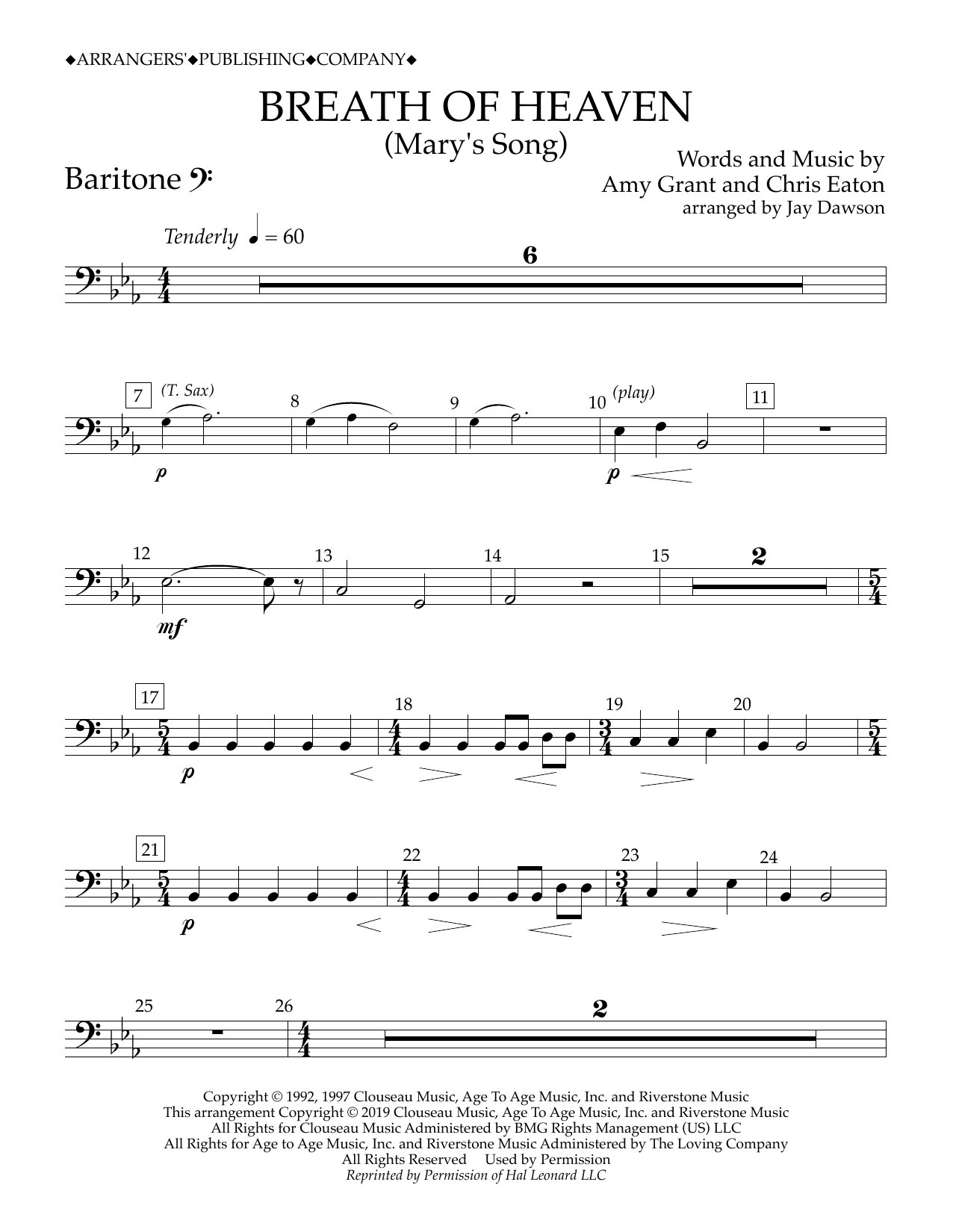 Amy Grant Breath of Heaven (Mary's Song) (arr. Jay Dawson) - Baritone B.C. Sheet Music Notes & Chords for Concert Band - Download or Print PDF