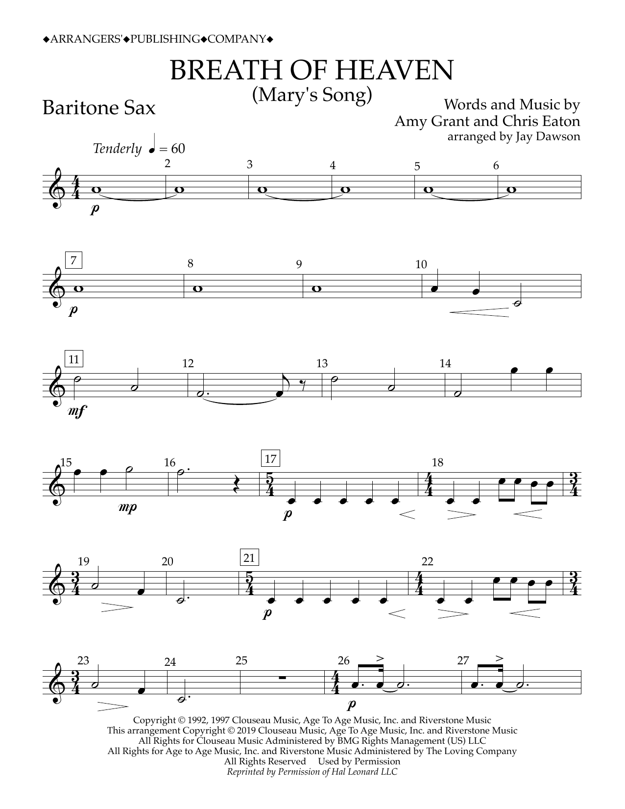Amy Grant Breath of Heaven (Mary's Song) (arr. Jay Dawson) - Baritone Sax Sheet Music Notes & Chords for Concert Band - Download or Print PDF
