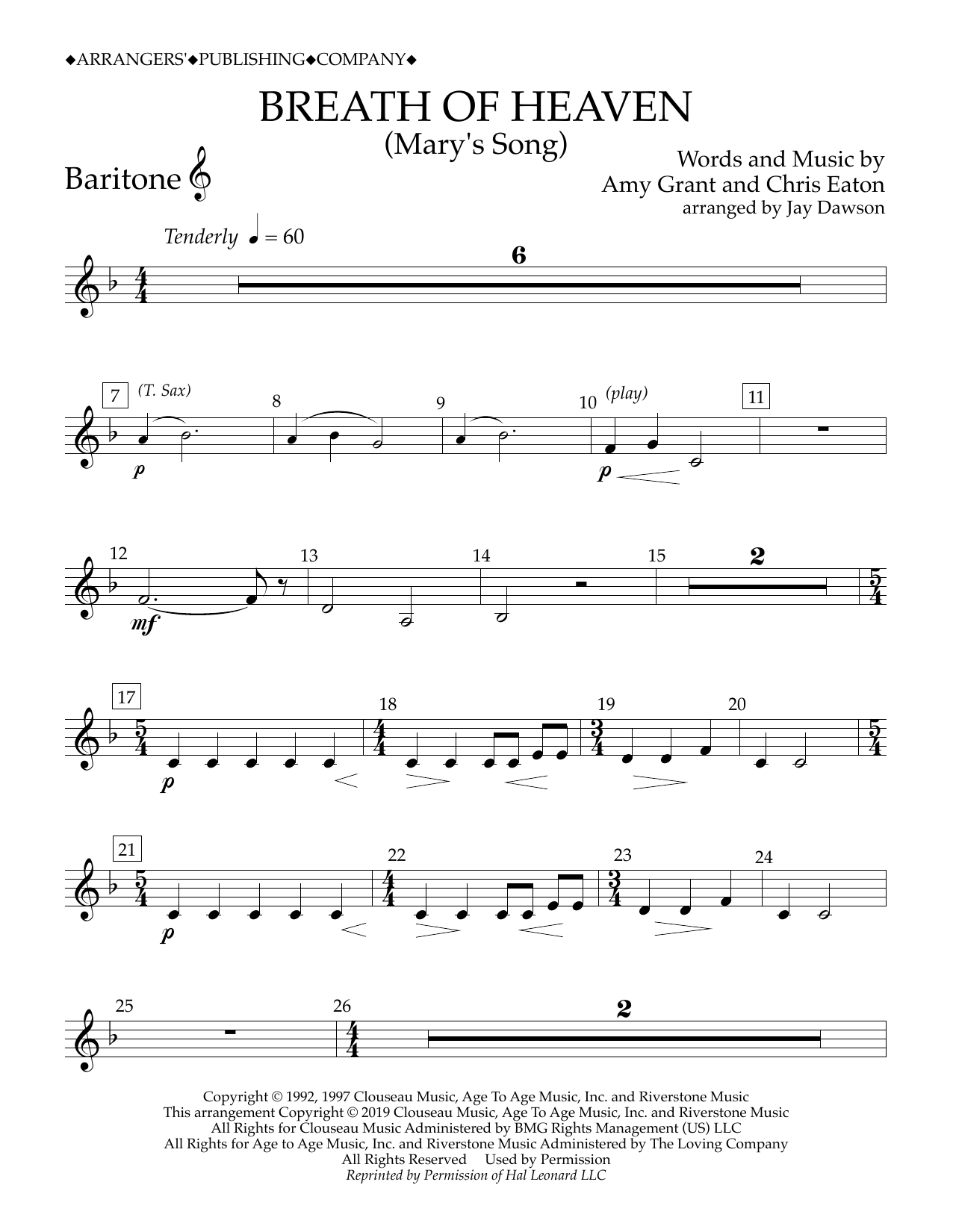 Amy Grant Breath of Heaven (Mary's Song) (arr. Jay Dawson) - Baritone T.C. Sheet Music Notes & Chords for Concert Band - Download or Print PDF
