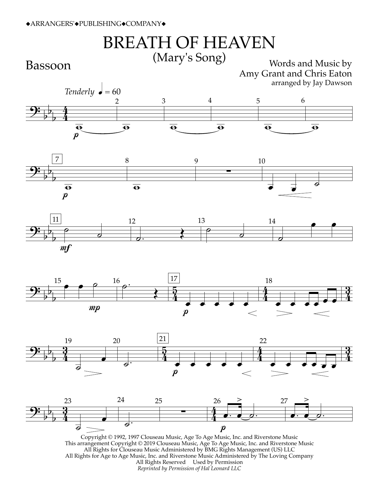 Amy Grant Breath of Heaven (Mary's Song) (arr. Jay Dawson) - Bassoon Sheet Music Notes & Chords for Concert Band - Download or Print PDF