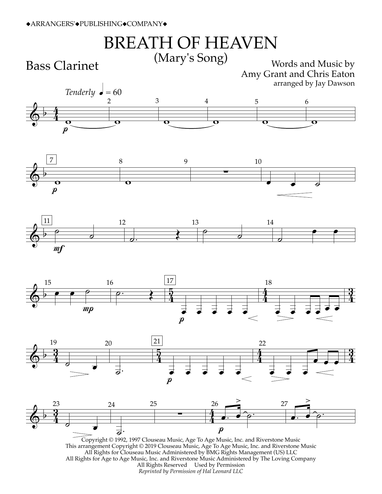 Amy Grant Breath of Heaven (Mary's Song) (arr. Jay Dawson) - Bb Bass Clarinet Sheet Music Notes & Chords for Concert Band - Download or Print PDF