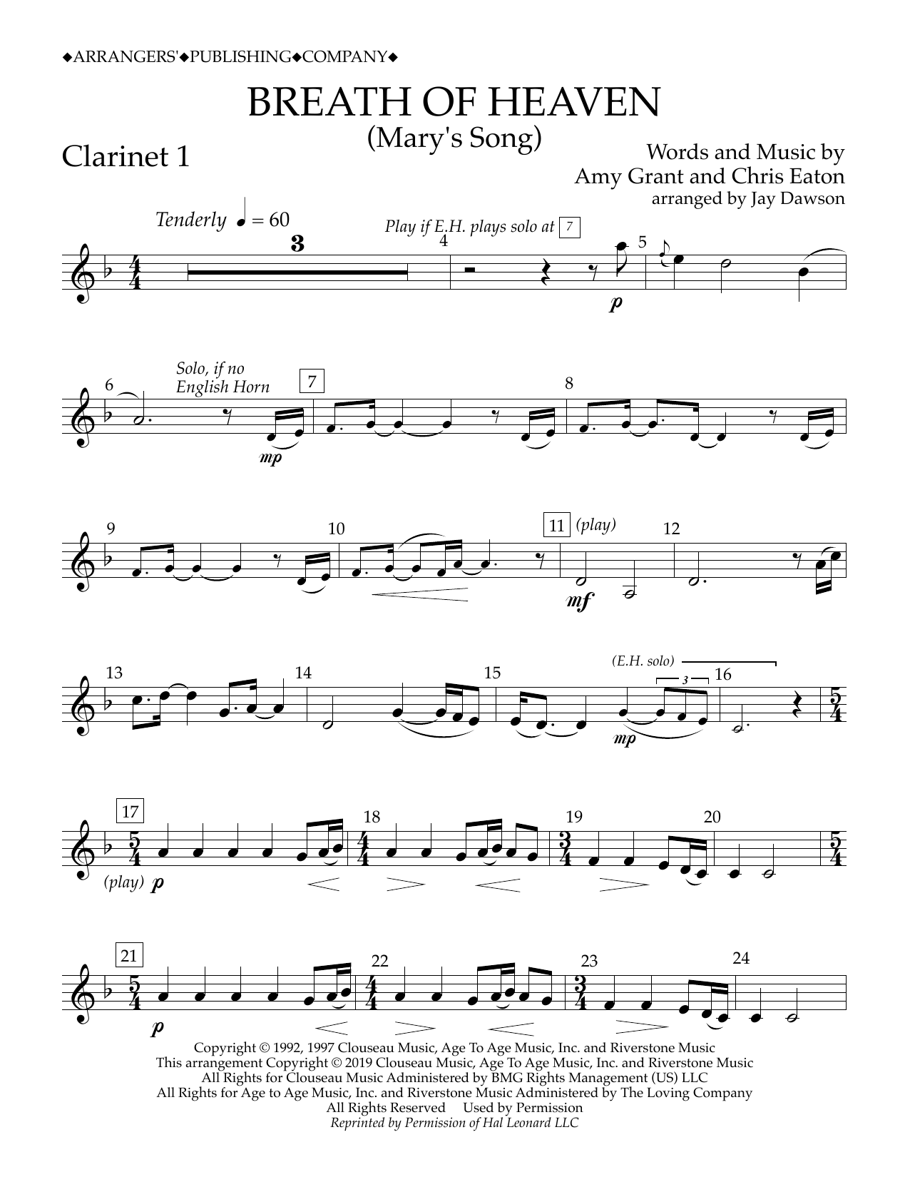 Amy Grant Breath of Heaven (Mary's Song) (arr. Jay Dawson) - Clarinet 1 Sheet Music Notes & Chords for Concert Band - Download or Print PDF