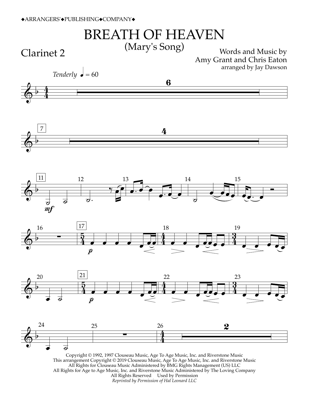 Amy Grant Breath of Heaven (Mary's Song) (arr. Jay Dawson) - Clarinet 2 Sheet Music Notes & Chords for Concert Band - Download or Print PDF