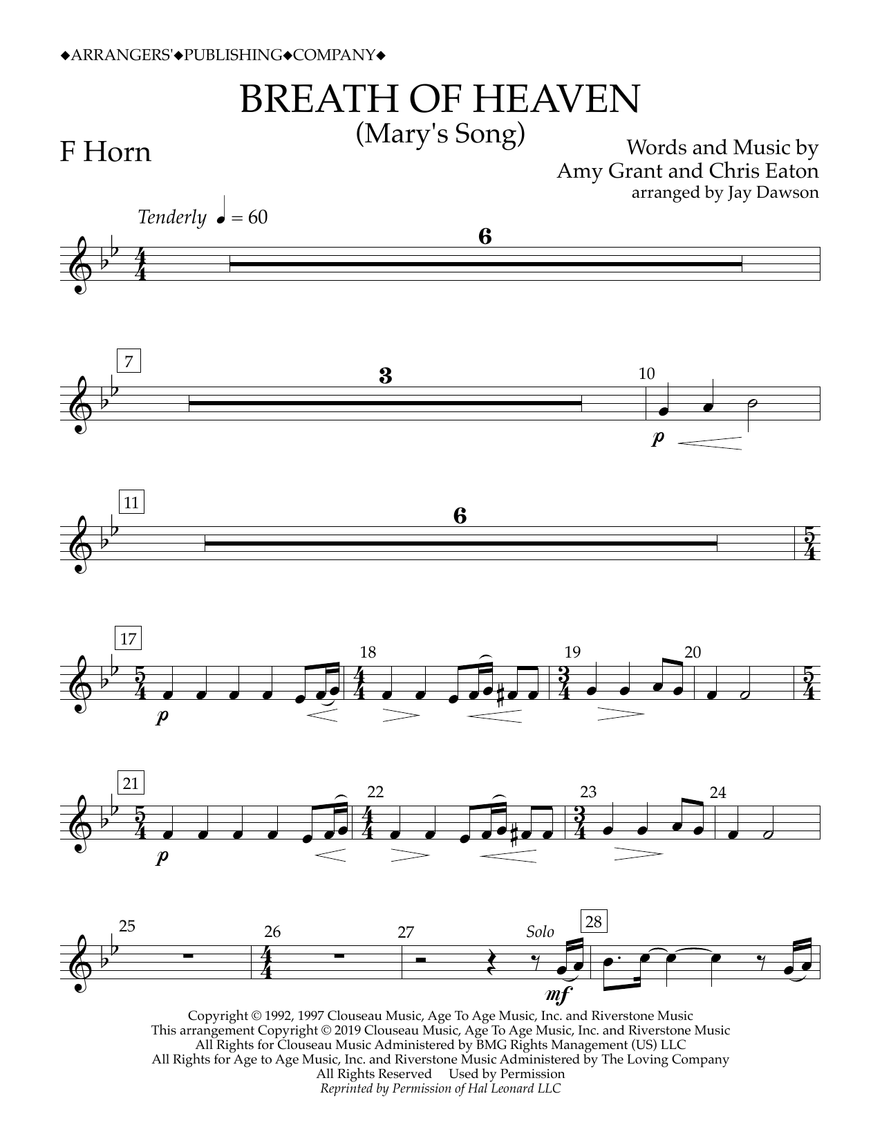 Amy Grant Breath of Heaven (Mary's Song) (arr. Jay Dawson) - F Horn Sheet Music Notes & Chords for Concert Band - Download or Print PDF