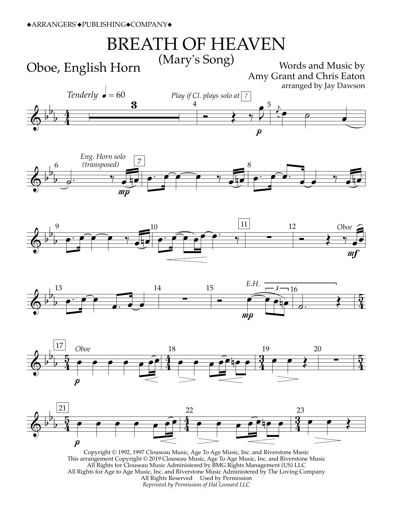 Amy Grant Breath of Heaven (Mary's Song) (arr. Jay Dawson) - Oboe, English Horn Sheet Music Notes & Chords for Concert Band - Download or Print PDF