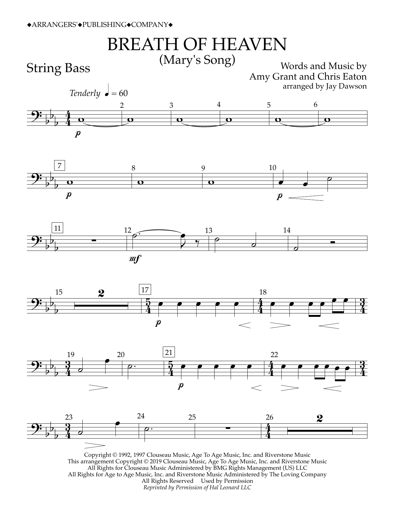 Amy Grant Breath of Heaven (Mary's Song) (arr. Jay Dawson) - String Bass Sheet Music Notes & Chords for Concert Band - Download or Print PDF