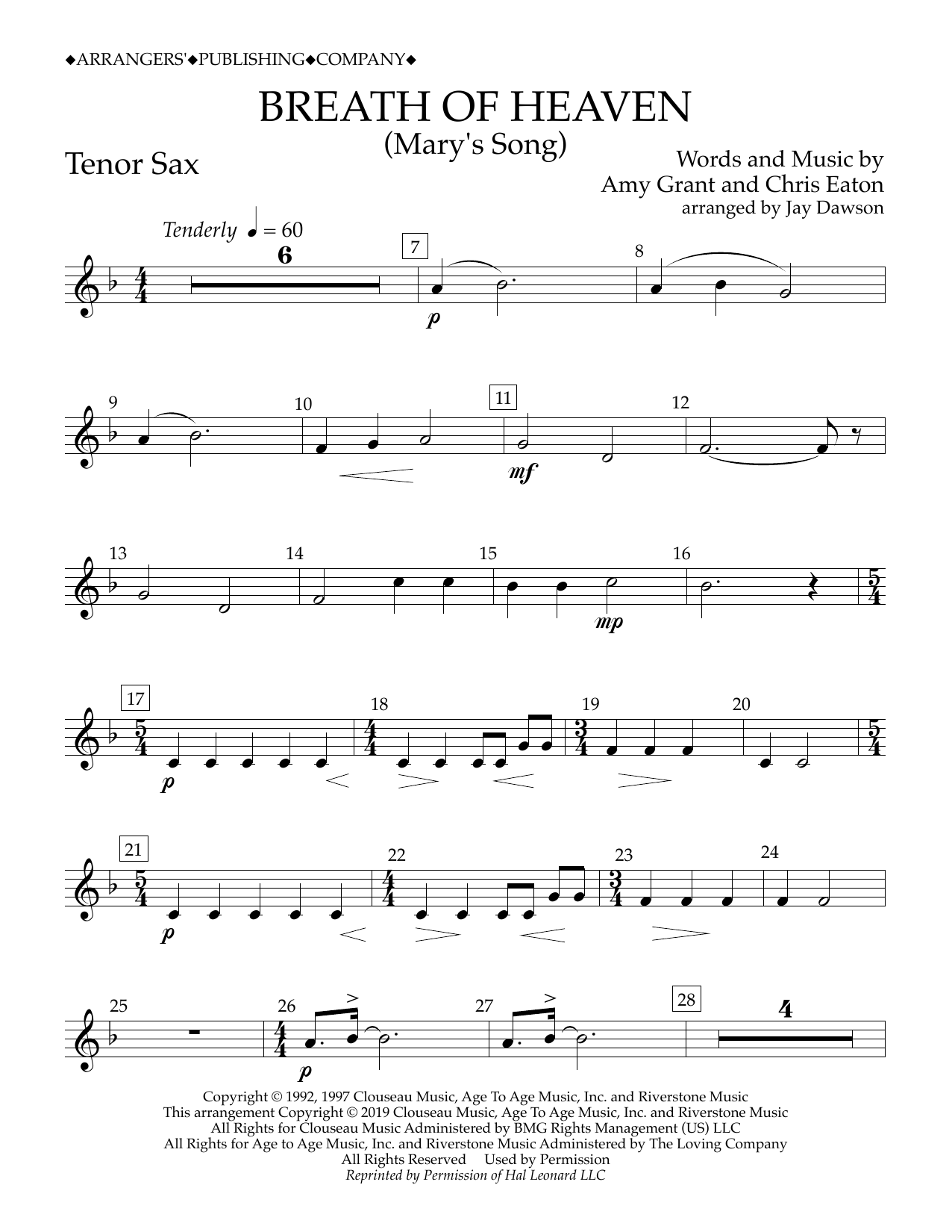 Amy Grant Breath of Heaven (Mary's Song) (arr. Jay Dawson) - Tenor Sax Sheet Music Notes & Chords for Concert Band - Download or Print PDF