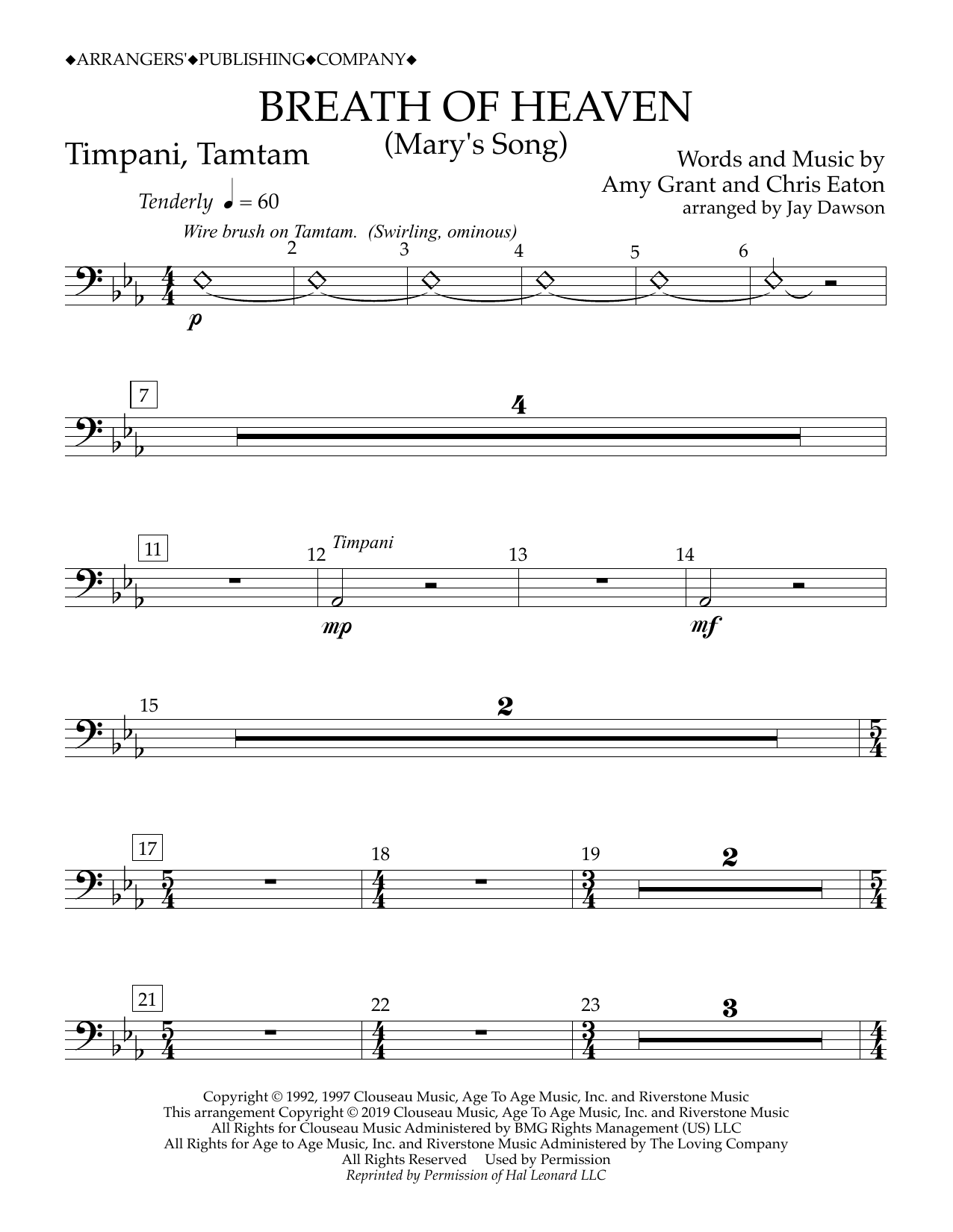 Amy Grant Breath of Heaven (Mary's Song) (arr. Jay Dawson) - Timpani, Tamtam Sheet Music Notes & Chords for Concert Band - Download or Print PDF