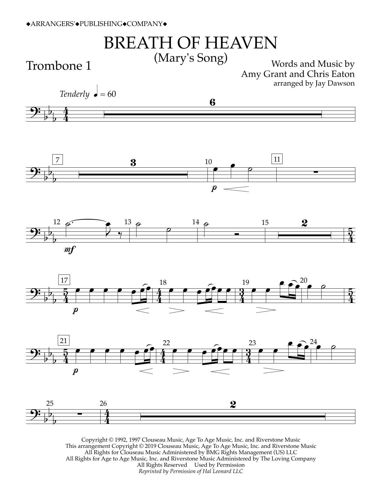 Amy Grant Breath of Heaven (Mary's Song) (arr. Jay Dawson) - Trombone 1 Sheet Music Notes & Chords for Concert Band - Download or Print PDF